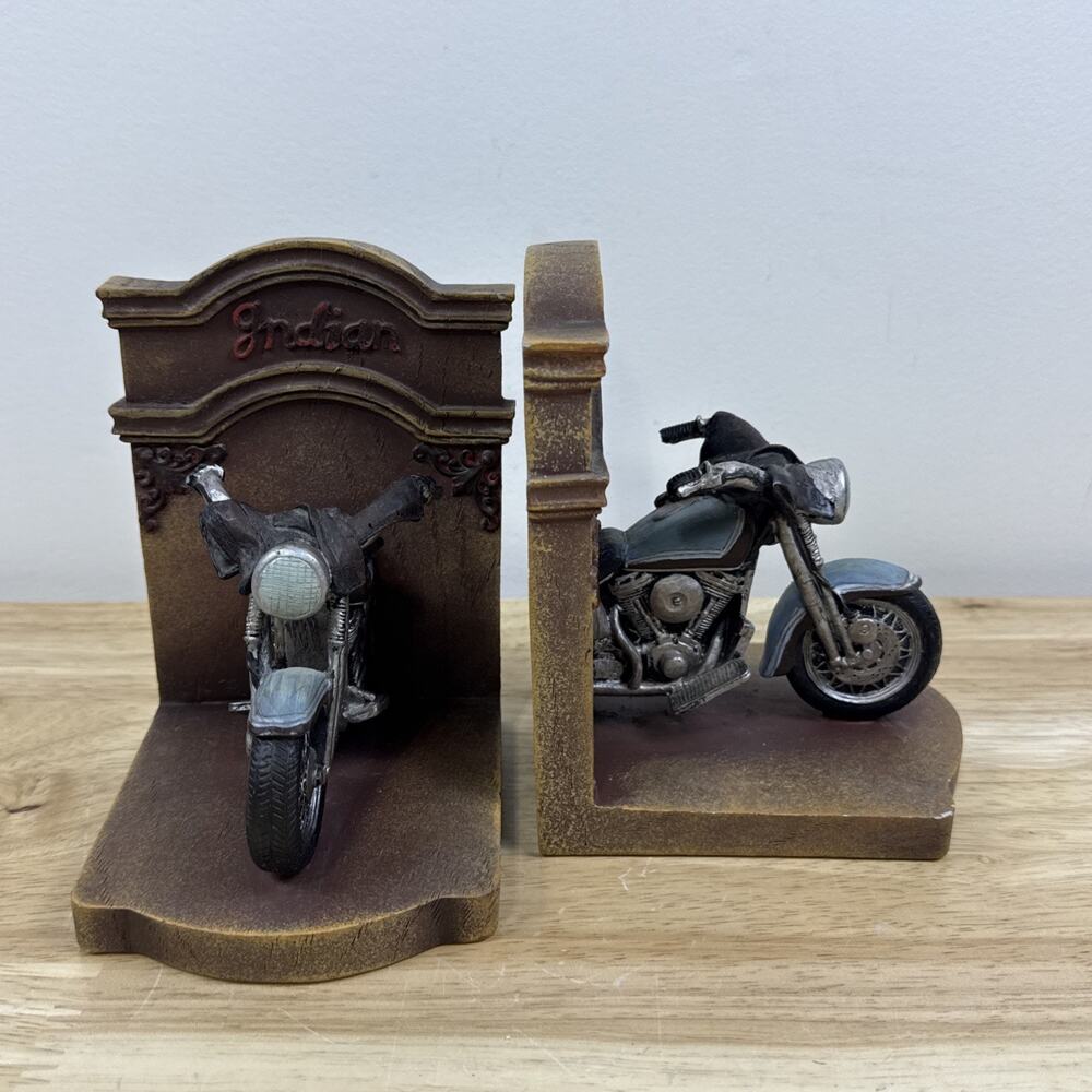 Indian Motorcycle Resin Bookends Vintage Antique Finish 5.75” Biker Decor